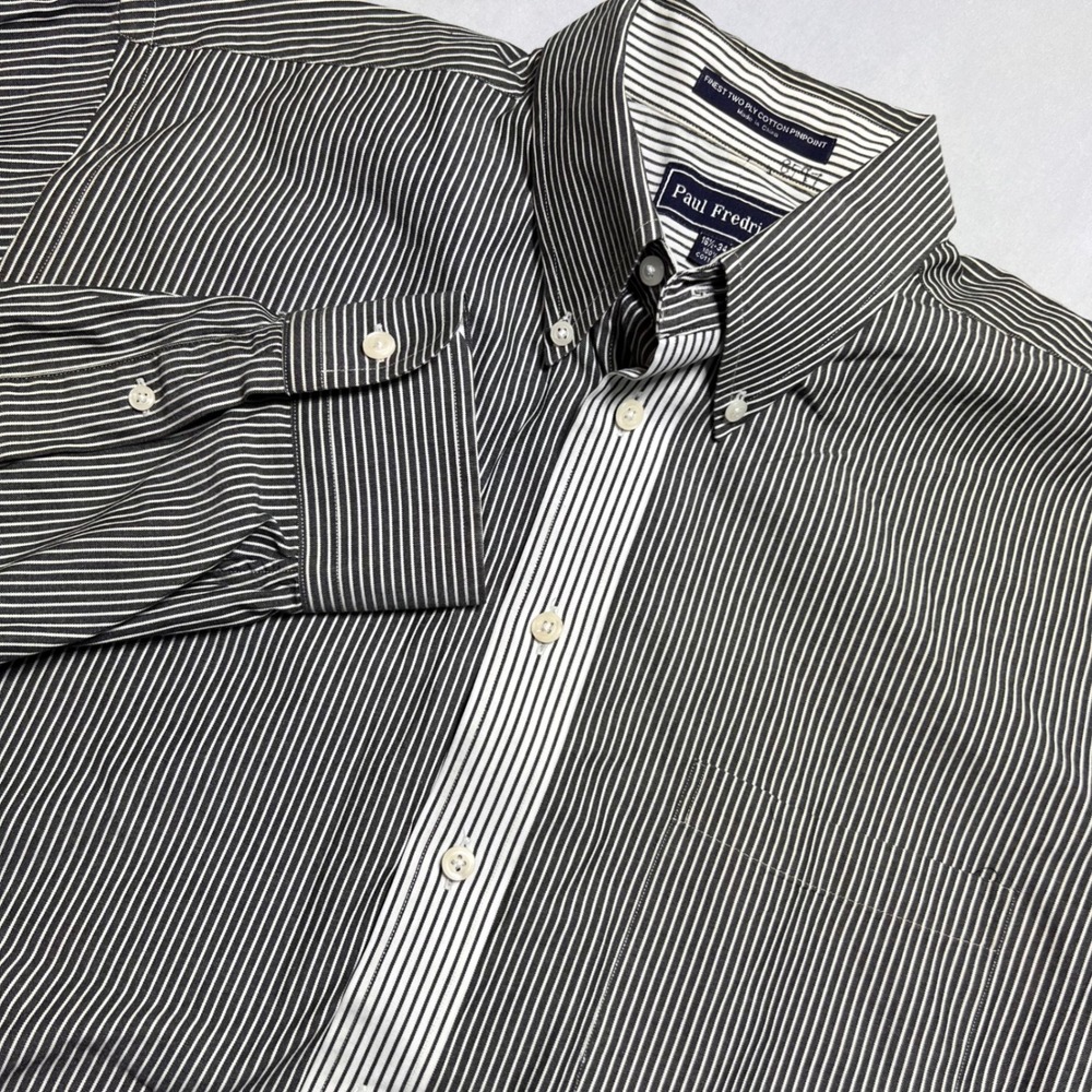 Paul Fredrick Men's Black White Striped Button Up Shirt | Size 16 1/2 - 34